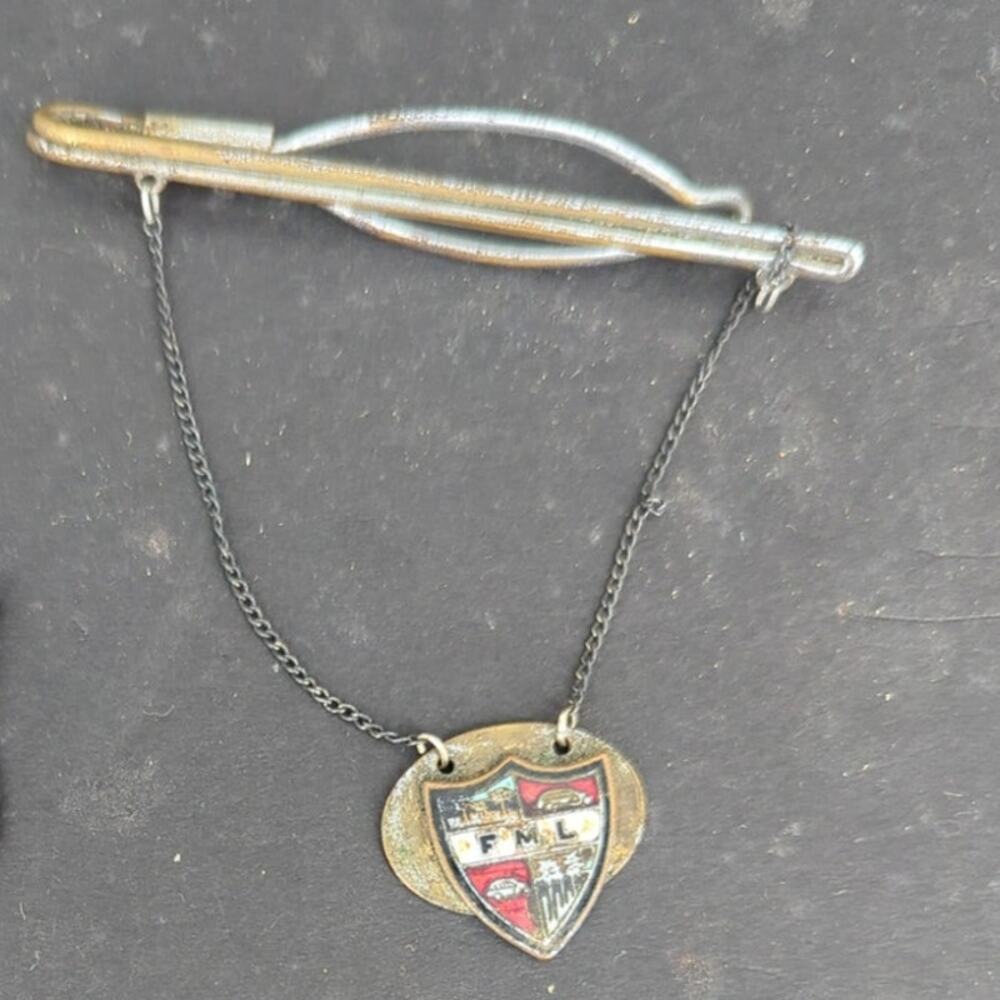 Vintage FML Enamel Crest Shield Tie Bar Clip with Hanging Guard Chain